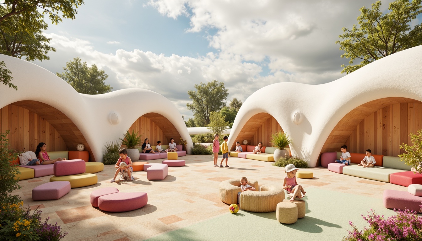 Prompt: Whimsical kindergarten, curvaceous blob-like structures, pastel color palette, natural wood accents, soft cushions, rounded edges, playful nooks, cozy reading areas, vibrant flower-inspired murals, earthy tone flooring, wavy patterns, organic shapes, irregular forms, fantastical creatures, dreamy cloud-filled sky, warm sunny day, gentle warm lighting, shallow depth of field, 1/2 composition, atmospheric perspective, soft focus effect.