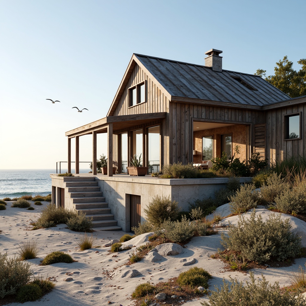 Prompt: Rustic coastal cottage, weathered wooden planks, driftwood accents, corrugated metal roofs, salt-resistant concrete foundations, ocean-breeze-inspired ventilation systems, reclaimed nautical ropes, distressed marine-grade steel beams, sea-weathered stone walls, beachy sandy dunes, crashing waves, seagulls flying overhead, warm sunny day, soft natural lighting, 1/1 composition, realistic textures, ambient occlusion.