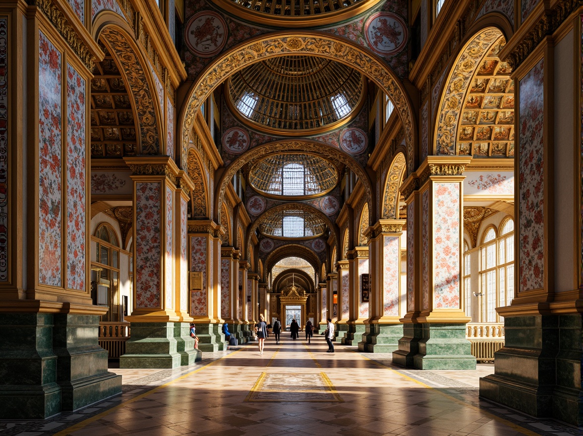 Prompt: Intricate mosaics, golden accents, ornate patterns, Byzantine-inspired architecture, grand domes, intricate arches, marble floors, vibrant glass tiles, rich textures, warm lighting, soft focus, shallow depth of field, 2/3 composition, realistic reflections, ambient occlusion, luxurious interior design, opulent decorations, spiritual atmosphere, mystical ambiance.