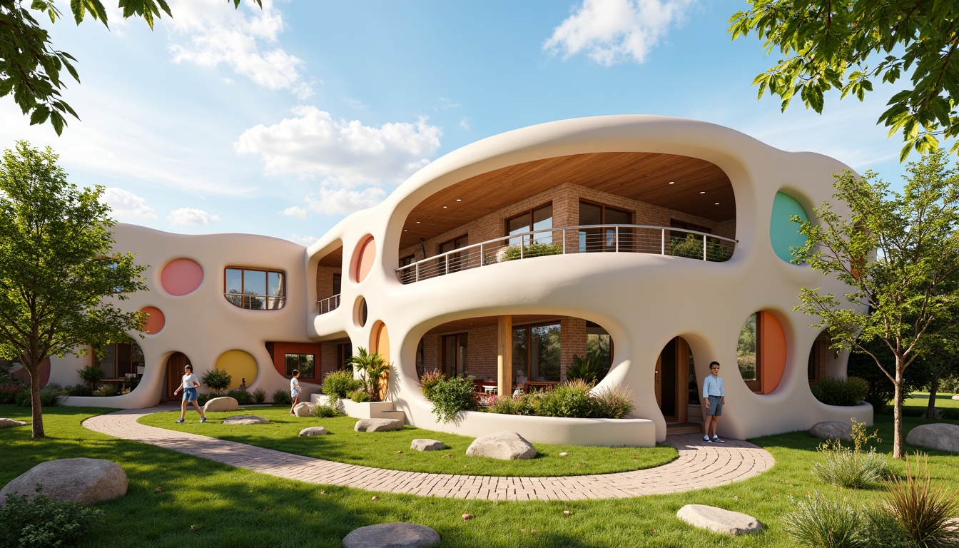 Prompt: Whimsical kindergarten building, curved organic shapes, playful rounded edges, vibrant color scheme, natural wood accents, soft pastel hues, wavy rooflines, irregularly shaped windows, whimsical treehouse-inspired design, earthy tone brickwork, lush greenery surroundings, sunny day, warm golden lighting, shallow depth of field, 1/1 composition, panoramic view, realistic textures, ambient occlusion.