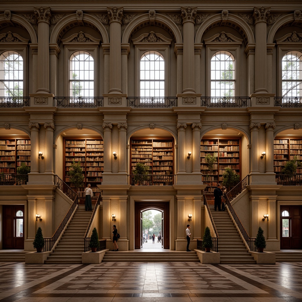 Prompt: Grand library facade, neoclassical architecture, ornate details, Corinthian columns, symmetrical composition, rusticated base, arched windows, decorative friezes, carved stone ornaments, imposing entrance, grand staircase, high ceilings, marble floors, intricate moldings, soft warm lighting, shallow depth of field, 1/1 composition, realistic textures, ambient occlusion.