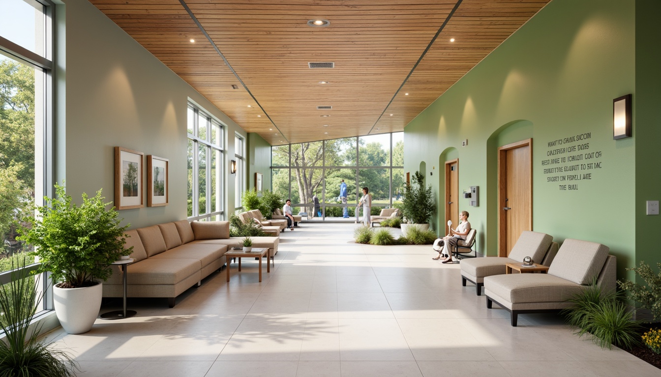 Prompt: Calming rehabilitation center, natural wood accents, soothing green walls, comfortable seating areas, gentle curved lines, spacious open spaces, modern medical equipment, stainless steel fixtures, warm soft lighting, large windows, peaceful outdoor views, serene water features, wheelchair-accessible pathways, non-slip flooring, calming artwork, inspirational quotes, quiet reading nooks, private therapy rooms, ergonomic furniture, adaptive technology integration, airy atriums, natural ventilation systems, calming color schemes, acoustic ceiling panels, minimal noise levels.