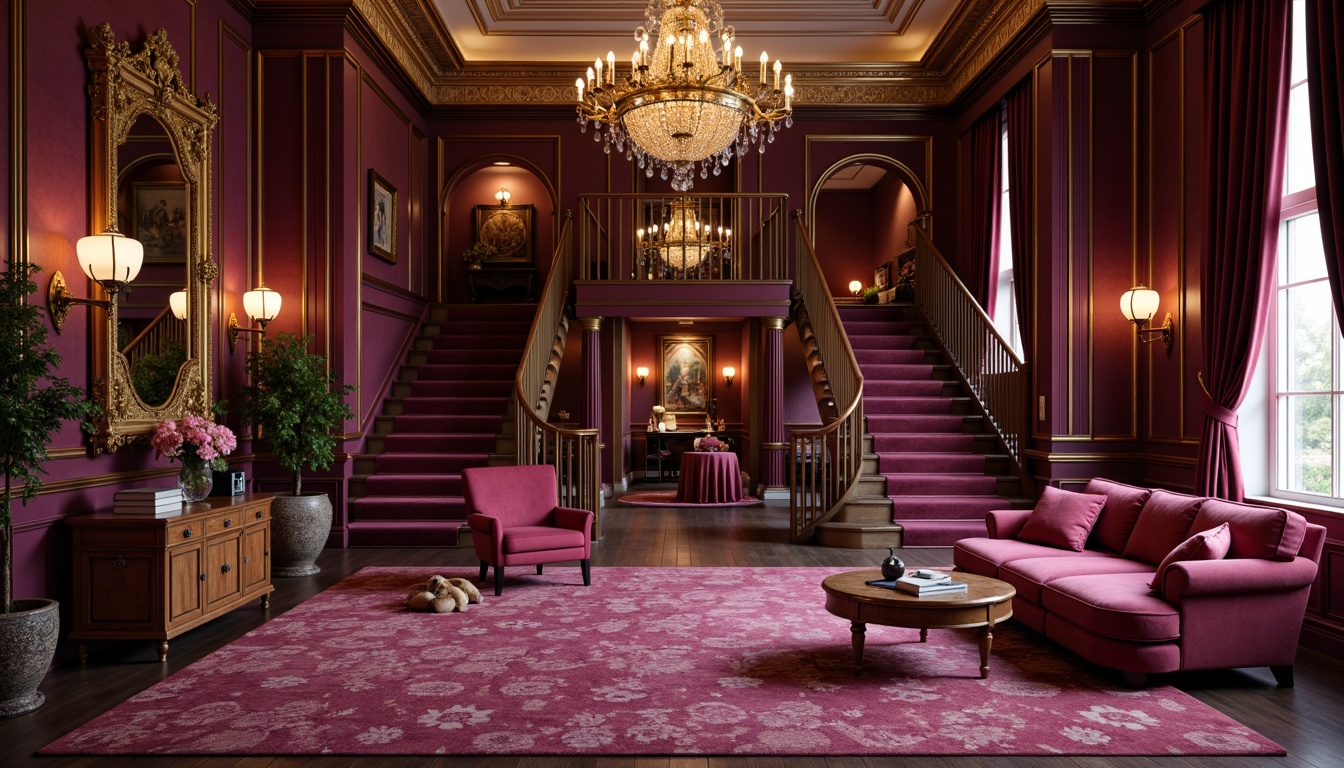 Prompt: Rich mauve hues, luxurious velvet textures, ornate golden frames, lavish furnishings, plush carpets, opulent chandeliers, grandiose architecture, sweeping staircases, lavish drapery, intricate molding details, warm soft lighting, shallow depth of field, 1/1 composition, intimate portrait view, realistic reflections, ambient occlusion.