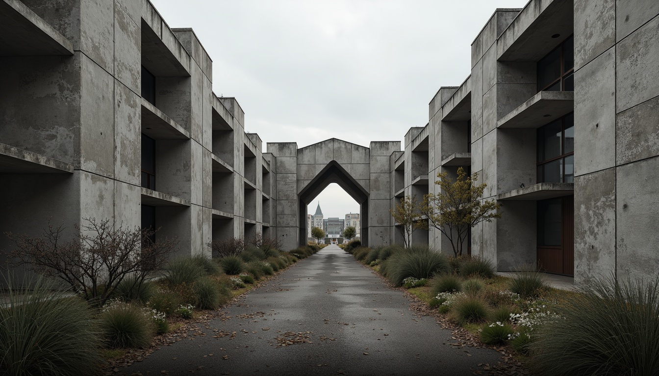 Prompt: Fortified concrete structures, rugged textures, monumental scale, angular forms, fortress-like architecture, brutalist ideology, raw unfinished surfaces, industrial materials, urban decay, overcast skies, dramatic shadows, high-contrast lighting, 1/1 composition, symmetrical framing, bold geometric patterns, weathered steel accents, poured concrete walls, exposed ductwork, functional minimalism, institutional atmosphere, utilitarian design.