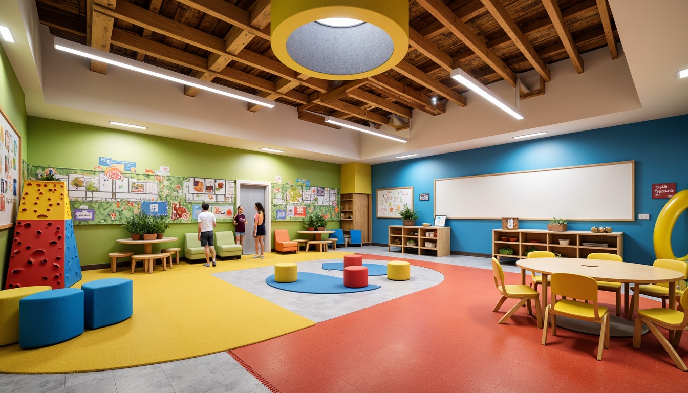 Prompt: Vibrant kindergarten playground, colorful climbing frames, soft padded flooring, educational murals, interactive whiteboards, cozy reading nooks, circular gathering spaces, natural wood accents, playful lighting fixtures, whimsical furniture designs, collaborative learning areas, digital display screens, creative art stations, flexible seating arrangements, adaptive technology integration, inclusive accessibility features, stimulating sensory experiences, gentle warm ambiance, shallow depth of field, 1/1 composition, realistic textures.