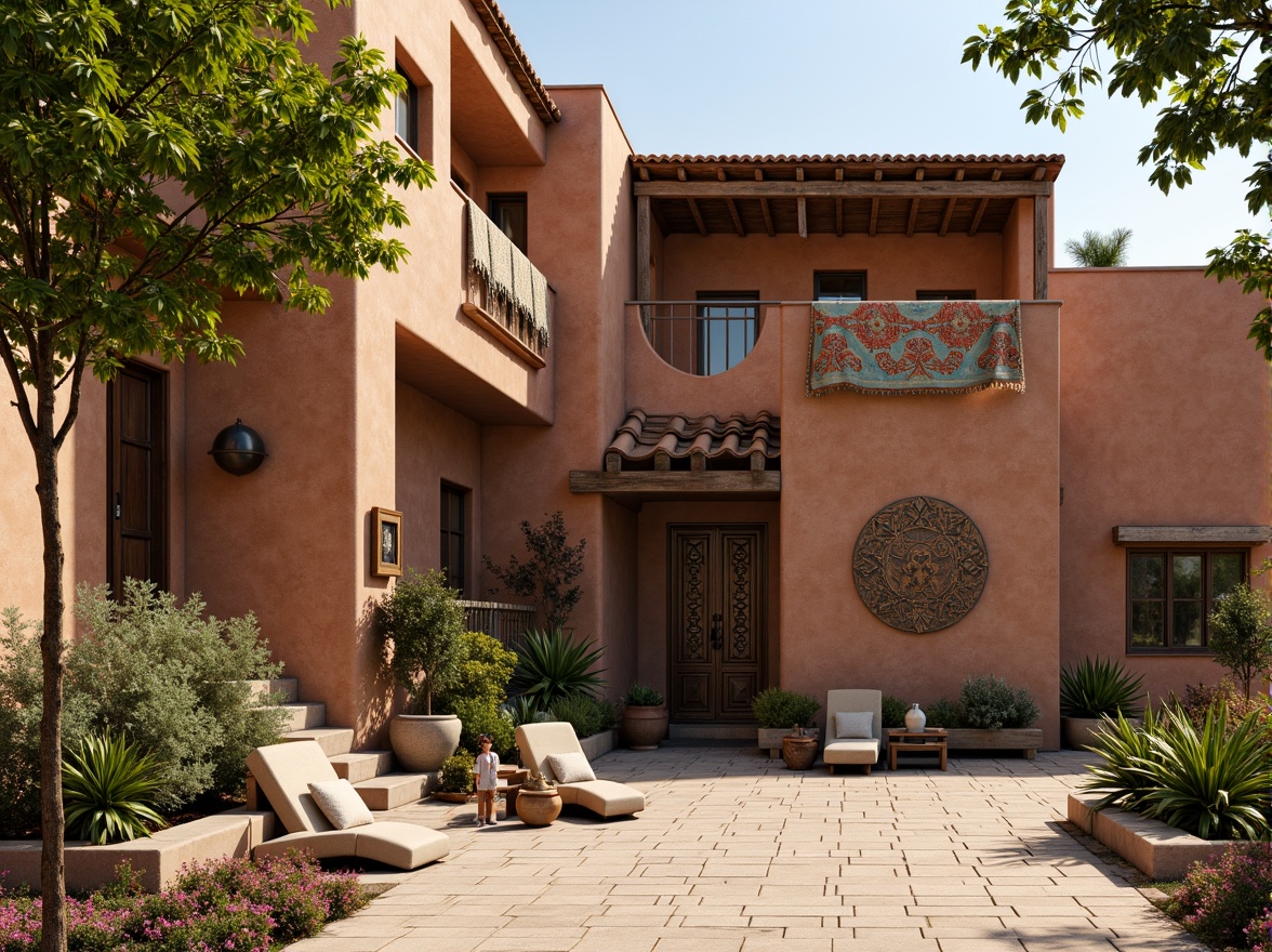 Prompt: Earth-toned facade, rustic stone walls, wooden accents, ornate carvings, curved archways, clay roof tiles, vibrant colorful textiles, intricate geometric patterns, regional cultural symbols, ornamental metalwork, decorative ceramics, lush greenery, flowering vines, warm sunny day, soft natural lighting, shallow depth of field, 1/1 composition, realistic textures, ambient occlusion.