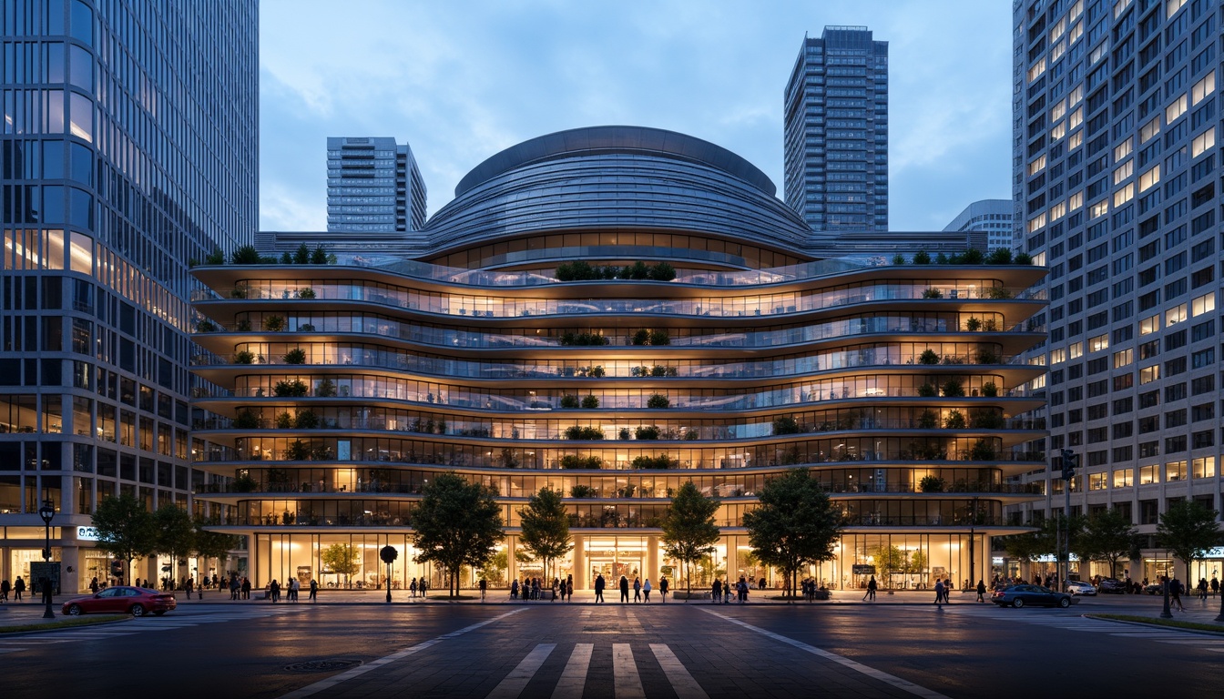 Prompt: Streamlined concert house facade, curved modernist lines, metallic materials, glass balconies, cantilevered roofs, minimalist ornamentation, rhythmic window patterns, dynamic LED lighting, urban cityscape backdrop, evening ambient glow, shallow depth of field, 1/2 composition, realistic reflections, ambient occlusion.