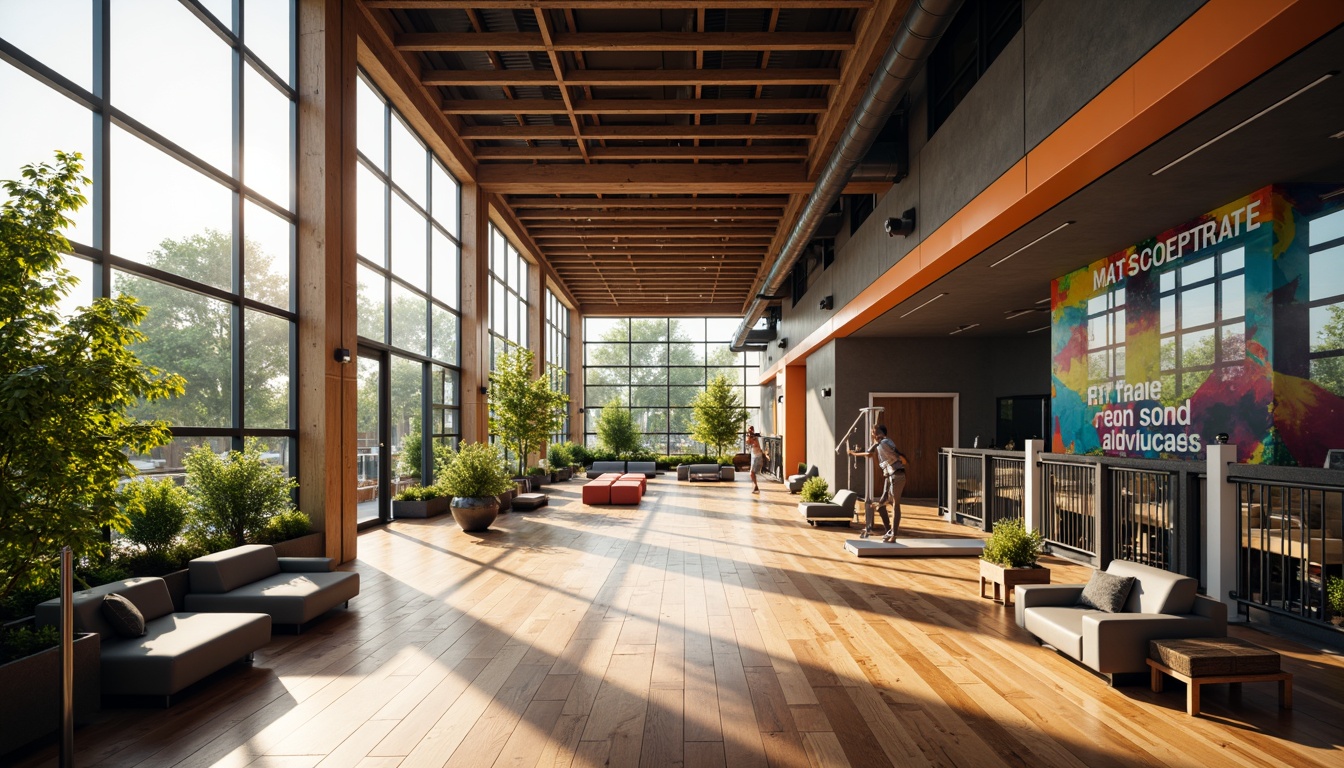 Prompt: Vibrant fitness club interior, floor-to-ceiling windows, abundant natural light, gleaming hardwood floors, modern minimalist decor, sleek metal equipment, colorful motivational quotes, energetic atmosphere, morning sunlight, soft warm glow, shallow depth of field, 1/1 composition, realistic textures, ambient occlusion.