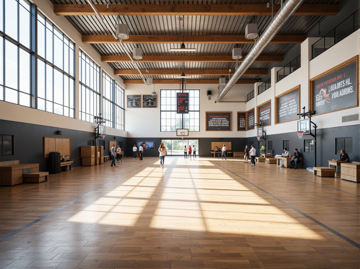 Prompt: Modern gymnasium interior, large windows, abundant natural light, high ceilings, polished wooden floors, athletic equipment, basketball hoops, scoreboards, spectator seating, motivational quotes, inspirational posters, neutral color scheme, minimalist decor, sleek metallic accents, energy-efficient lighting systems, soft warm glow, shallow depth of field, 1/1 composition, realistic textures, ambient occlusion.