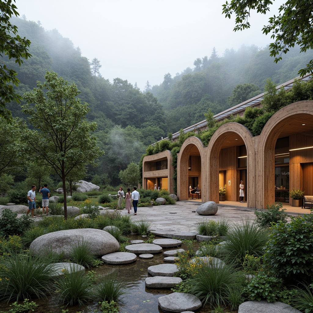 Prompt: Eco-friendly visitor center, natural materials, reclaimed wood accents, living green walls, solar panels, rainwater harvesting systems, energy-efficient lighting, minimalist design, organic curves, earthy color palette, surrounding forest landscape, misty mountainside, gentle misting system, shallow depth of field, 1/2 composition, warm soft lighting, realistic textures, ambient occlusion.