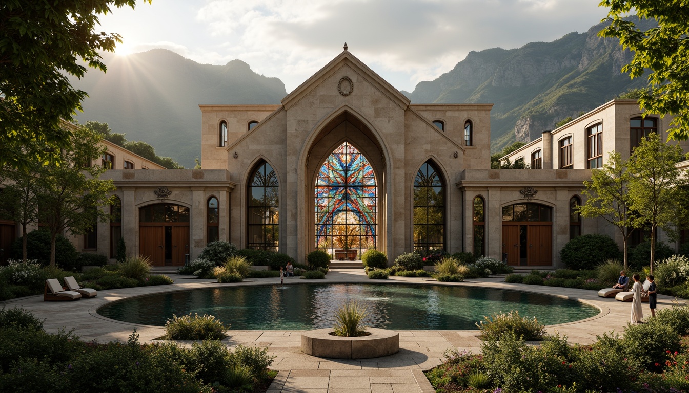 Prompt: Sacred temple, lush greenery, serene water features, intricately carved stone walls, ornate wooden doors, vibrant stained glass windows, peaceful courtyards, spiritual statues, natural rock formations, misty mountains, dramatic skies, warm golden lighting, shallow depth of field, 1/2 composition, symmetrical framing, realistic textures, ambient occlusion.