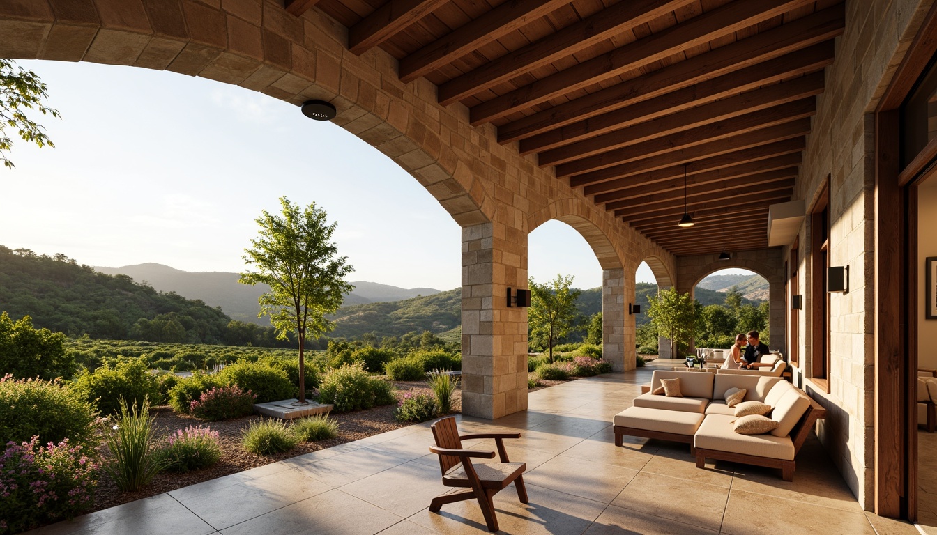 Prompt: Rustic winery, earthy tones, vineyard surroundings, rolling hills, Mediterranean landscape, curved lines, circular shapes, archways, vaulted ceilings, stone walls, wooden accents, metal trellises, lush greenery, vibrant flowers, modern minimalist architecture, large windows, glass doors, natural light, soft warm ambiance, 3/4 composition, panoramic view, realistic textures, ambient occlusion.