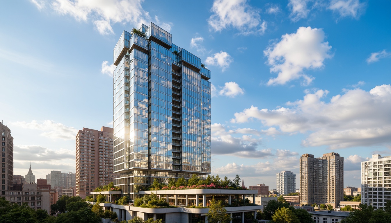 Prompt: Glass skyscraper, sleek modern architecture, urban cityscape, bright blue sky, fluffy white clouds, warm golden lighting, reflective silver surfaces, concrete foundation, steel beams, minimalist design, vibrant greenery, rooftop gardens, futuristic ambiance, dynamic angular lines, geometric patterns, metallic accents, bold typography, panoramic view, shallow depth of field, 3/4 composition, realistic textures, ambient occlusion.Please let me know if this meets your requirements!