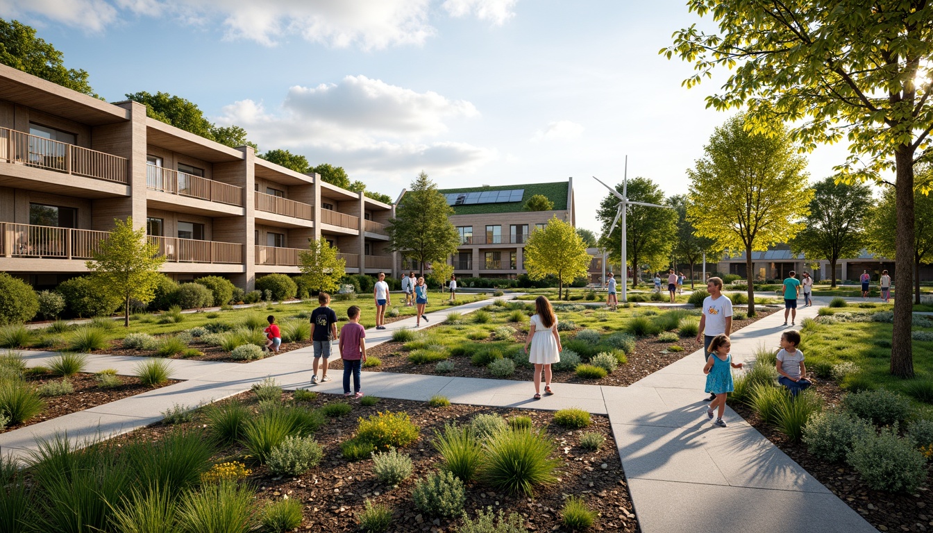 Prompt: Vibrant kindergarten playground, eco-friendly materials, green roofs, solar panels, wind turbines, rainwater harvesting systems, organic gardens, educational signage, natural stone walkways, wooden buildings, large windows, sliding glass doors, abundant natural light, soft warm lighting, shallow depth of field, 3/4 composition, panoramic view, realistic textures, ambient occlusion.