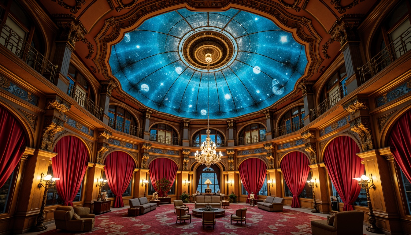 Prompt: Intricate planetarium dome, ornate Baroque detailing, golden accents, celestial body projections, starry night sky, rich velvet drapes, luxurious furnishings, grand chandeliers, intricate wood carvings, gilded mirrors, opulent textiles, majestic archways, dramatic lighting, 1/1 composition, low-angle shot, cinematic atmosphere, detailed textures, subtle glow effects.