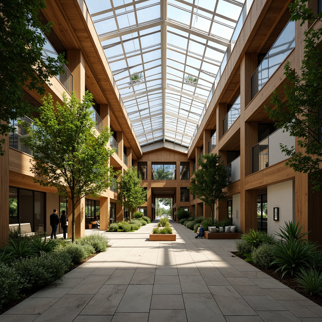 Prompt: Large commercial building, high ceilings, open floor plan, natural ventilation systems, operable windows, clerestory windows, solar tubes, green roofs, lush greenery, living walls, bamboo plants, wooden accents, earthy tones, warm lighting, soft shadows, 3/4 composition, realistic textures, ambient occlusion.