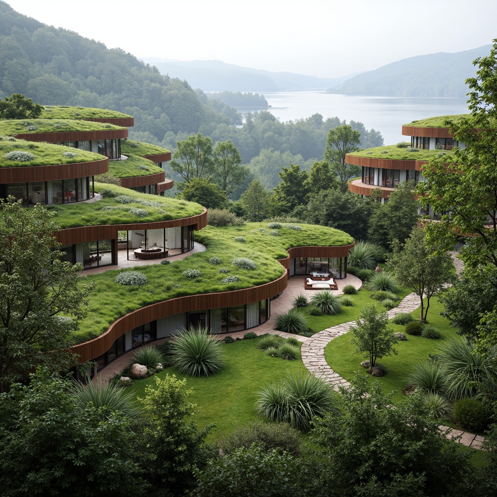 Prompt: Harmonious landscape integration, lush green roofs, native plants, organic curves, blending architecture, natural stone walls, wooden accents, large windows, seamless transitions, rolling hills, serene lakeside, misty morning, soft diffused lighting, shallow depth of field, 1/2 composition, atmospheric perspective, realistic vegetation, subtle ambient occlusion.