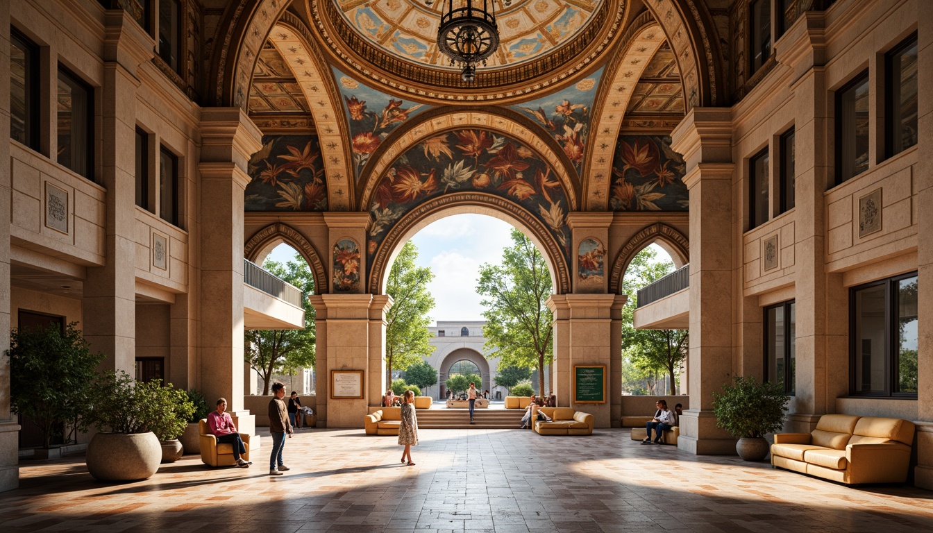 Prompt: Majestic middle school, Byzantine-inspired arches, ornate stone carvings, vibrant mosaics, grand entranceways, imposing columns, intricate frescoes, rustic stone walls, earthy tone color palette, natural light pouring in, soft warm ambiance, 3/4 composition, symmetrical architecture, rich textures, ambient occlusion, educational signage, modern amenities, comfortable seating areas, lush greenery surroundings, sunny day.