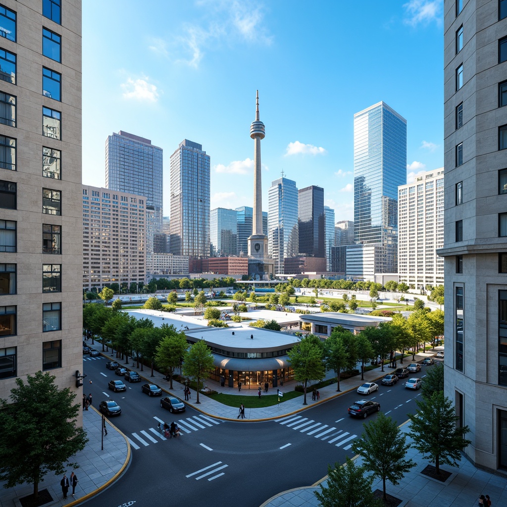 Prompt: Vibrant cityscape, azure rooftops, modern skyscrapers, urban streets, busy intersections, pedestrian walkways, sleek glass facades, minimalist architecture, calm blue hues, contrasting warm neutrals, pop of bright whites, subtle gradient effects, realistic reflections, ambient occlusion, shallow depth of field, 1/1 composition, wide-angle lens, soft natural lighting, afternoon sunbeams.