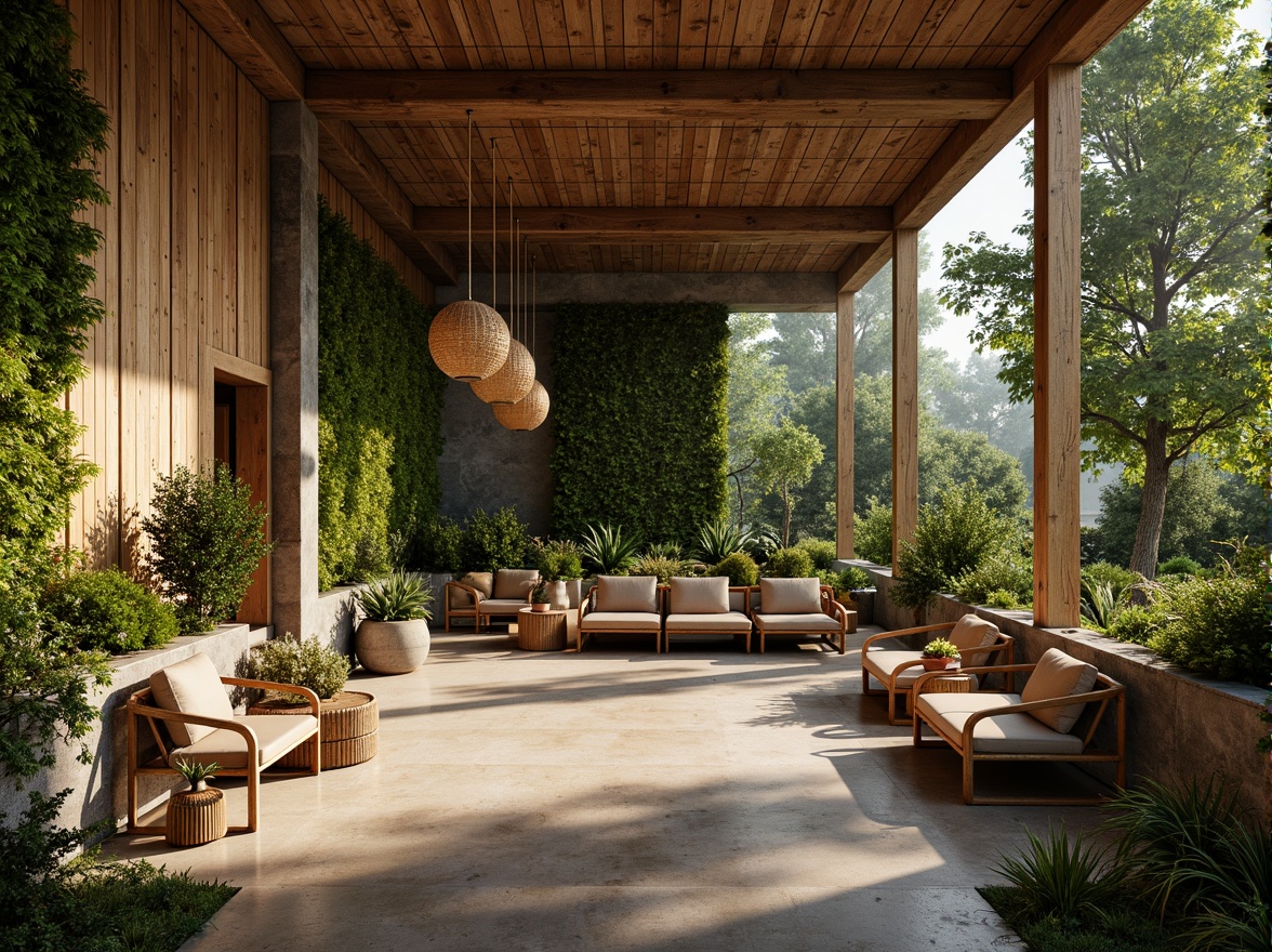 Prompt: Earthy tone, natural stone walls, reclaimed wood accents, woven bamboo furniture, organic shapes, lush greenery, living walls, botanical patterns, eco-friendly materials, sustainable design, warm ambient lighting, shallow depth of field, 3/4 composition, panoramic view, realistic textures, ambient occlusion.