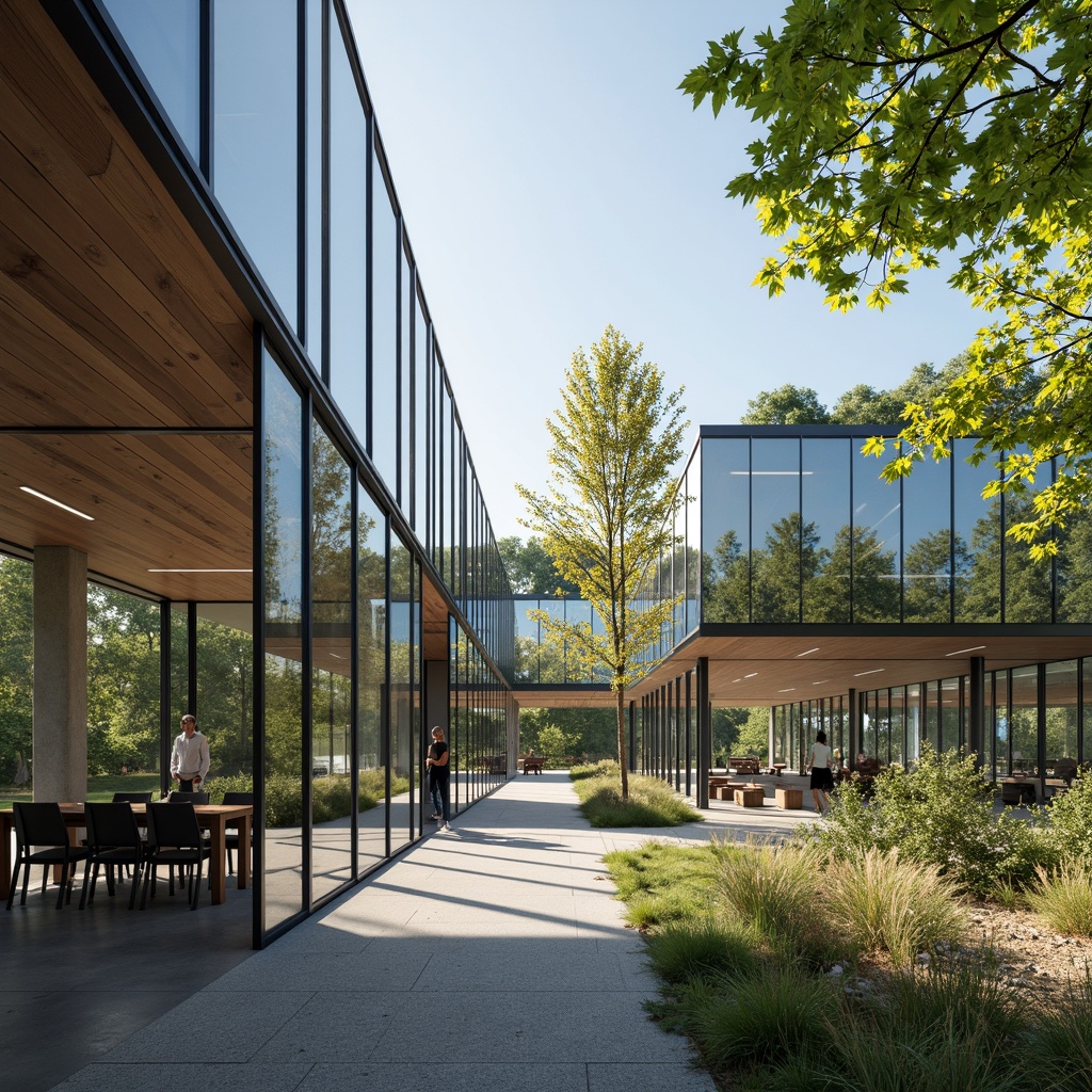 Prompt: Welcoming visitor center, abundant natural light, floor-to-ceiling windows, transparent glass walls, minimalist interior design, open-plan layout, reflective surfaces, polished concrete floors, wooden accents, green roofs, surrounding forest landscape, dense foliage, misty mornings, warm sunny days, soft diffused lighting, shallow depth of field, 1/1 composition, panoramic views, realistic textures, ambient occlusion.