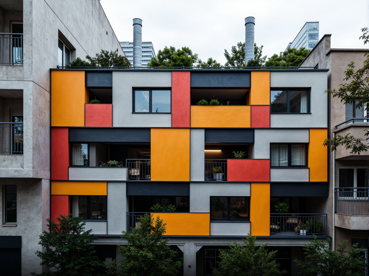 Prompt: Geometric building facade, fragmented forms, bold color blocks, abstract patterns, overlapping planes, dynamic shapes, industrial materials, exposed ductwork, brutalist architecture, urban cityscape, overcast sky, dramatic lighting, high-contrast shadows, cinematic composition, symmetrical framing, abstract textures, 3D modeling, futuristic ambiance.