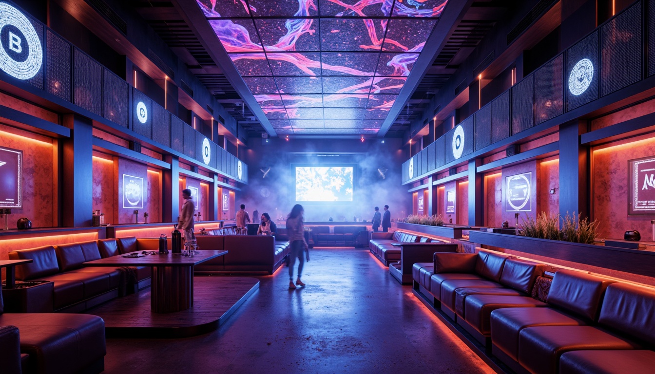 Prompt: Neon-lit nightclub, futuristic architecture, sleek metallic surfaces, holographic projections, pulsing LED lights, strobe effects, fog machines, laser beams, dynamic spotlights, dark alleys, VIP lounges, dance floors, DJ booths, cyberpunk-inspired decor, neon-colored cocktails, futuristic furniture, glowing bars, ambient fog, high-contrast lighting, shallow depth of field, 1/1 composition, cinematic mood, realistic reflections, advanced shaders.