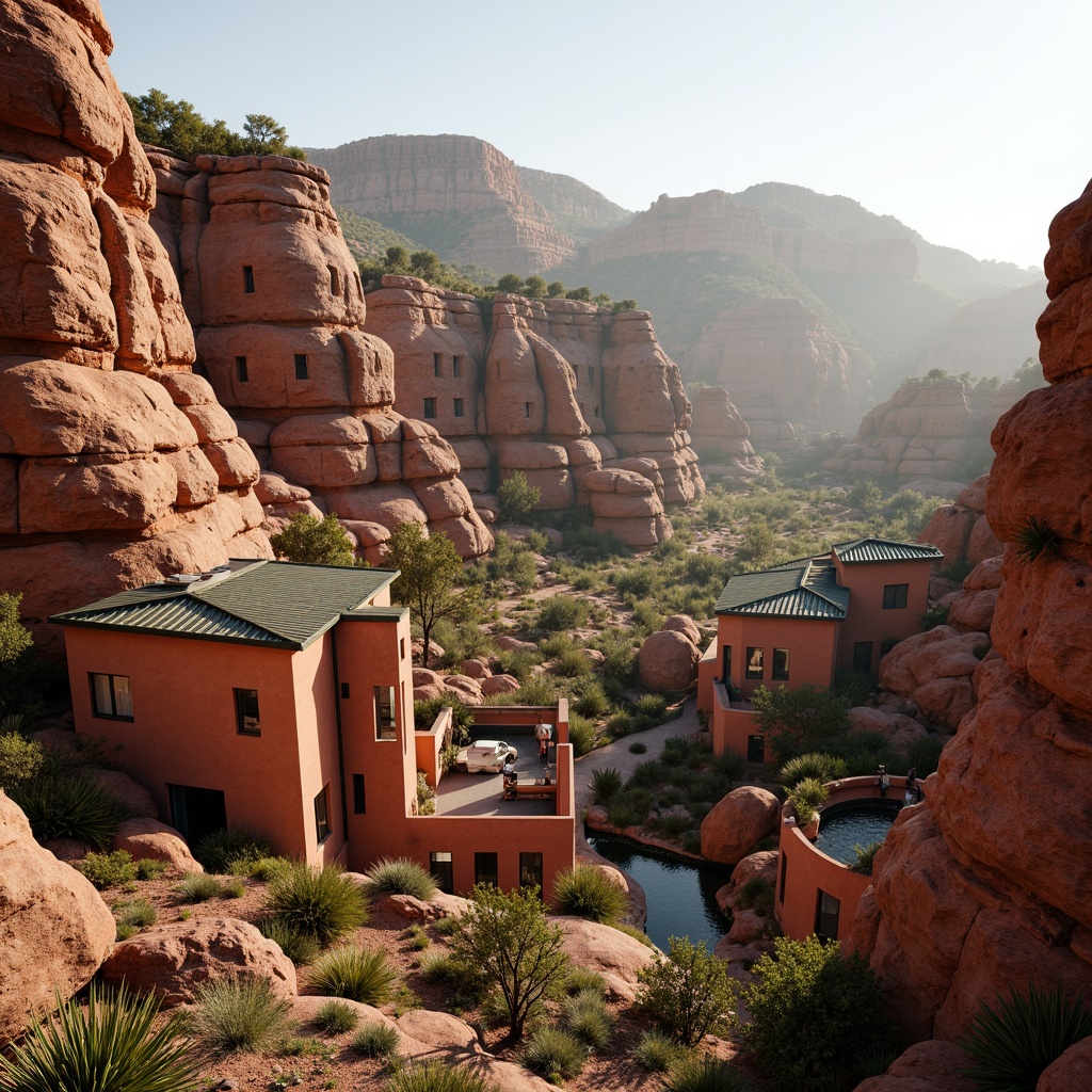 Prompt: Rugged canyon landscape, rust-red rock formations, natural stone cladding, earthy tone buildings, curved lines, organic architecture, wooden accents, cantilevered structures, green roofs, desert flora, cacti plants, warm sunny day, soft diffused lighting, 1/2 composition, realistic textures, ambient occlusion, dramatic shadows, misty atmosphere, natural ventilation systems, eco-friendly materials, sustainable design elements.