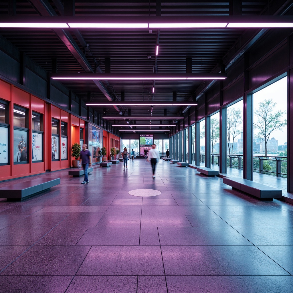 Prompt: Vibrant metro station interior, modern urban architecture, sleek steel beams, polished granite floors, futuristic LED lighting, minimalist benches, transparent glass railings, industrial metal columns, bold color accents, dynamic signage systems, efficient wayfinding design, high-traffic durable materials, sustainable recycled resources, eco-friendly low-maintenance finishes, subtle texture variations, 1/1 composition, softbox lighting, realistic reflections, ambient occlusion.