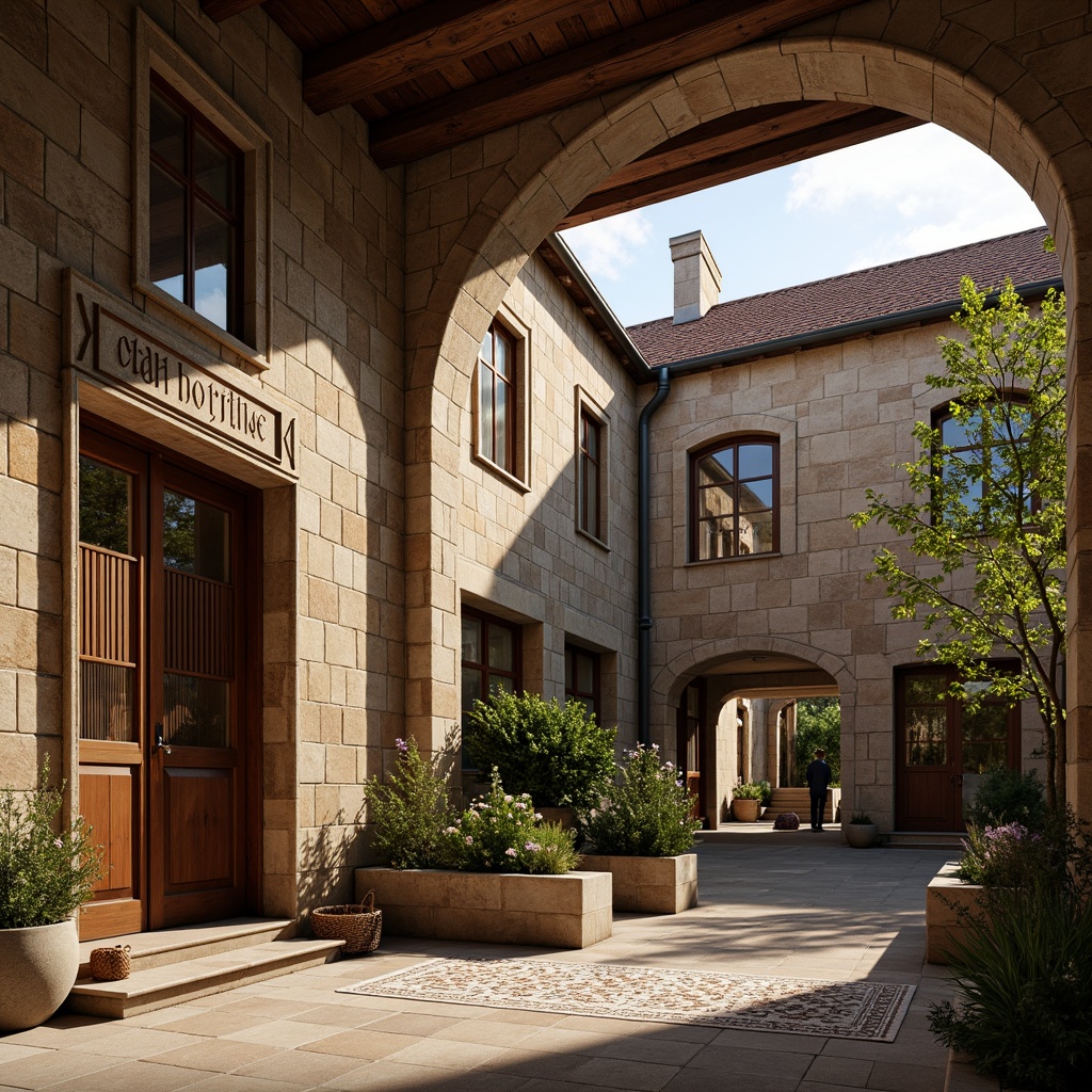 Prompt: Rustic school building, Romanesque style, stone fa\u00e7ade, arched windows, heavy wooden doors, ornate carvings, earthy color palette, natural stone walls, clay roof tiles, grand entrance hall, high ceilings, wooden floors, dim warm lighting, intricate mosaics, decorative columns, sturdy metal railings, lush green courtyard, blooming flowers, sunny afternoon, soft diffused light, 1/2 composition, realistic textures, ambient occlusion.