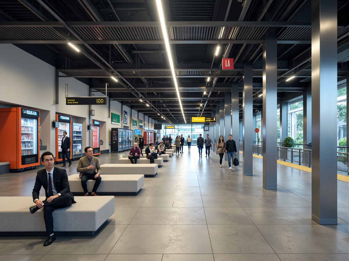 Prompt: Modern metro station, efficient layout, sleek metal pillars, high ceilings, minimal ornamentation, functional signage, clear wayfinding, ample natural light, LED lighting systems, smooth concrete floors, stainless steel handrails, comfortable seating areas, convenient vending machines, dynamic digital displays, bustling atmosphere, shallow depth of field, 1/1 composition, realistic textures, ambient occlusion.