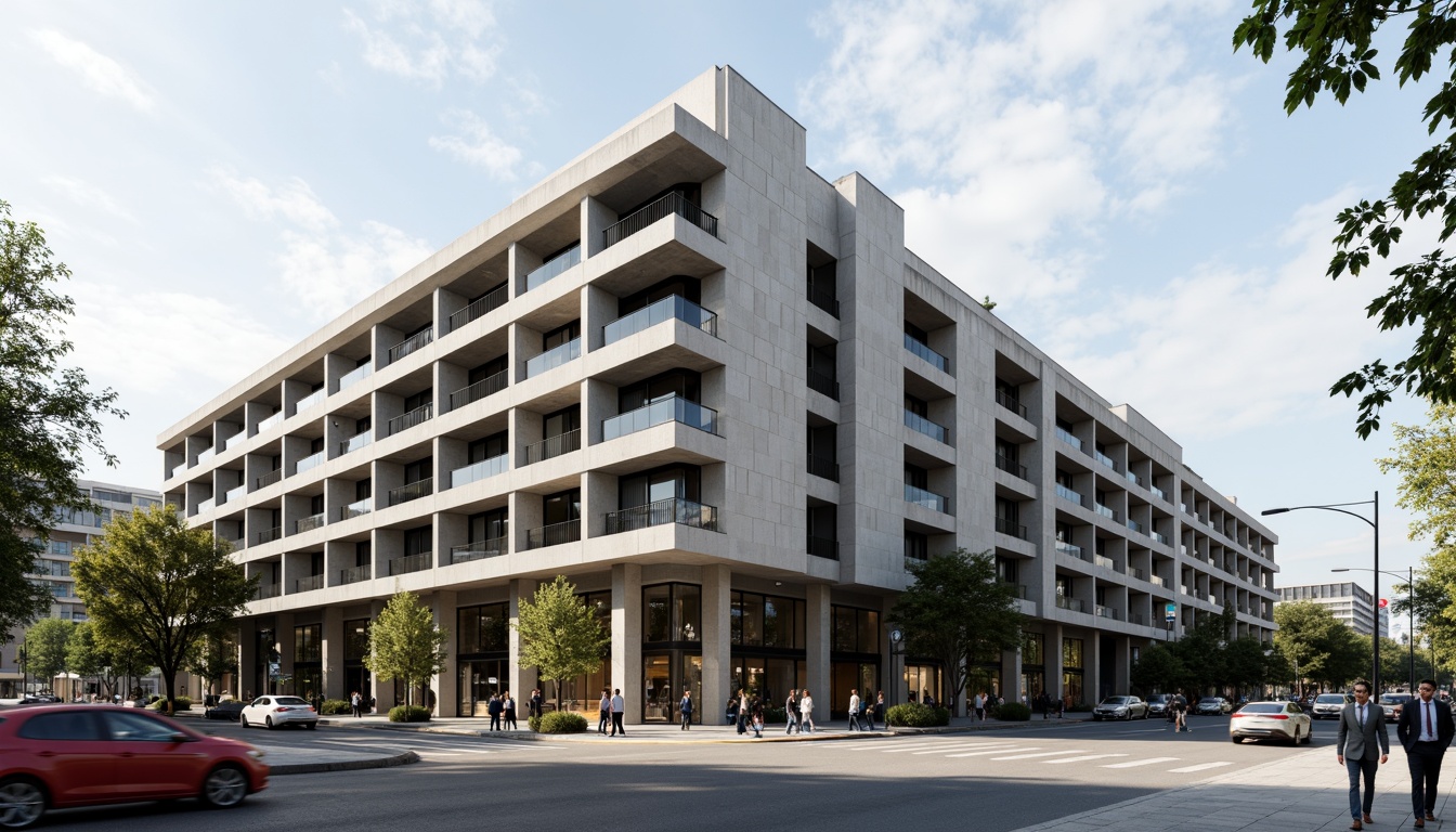 Prompt: Brutalist university building, exposed concrete walls, angular forms, functionalist architecture, repetitive modular patterns, cantilevered roofs, industrial-style steel beams, minimalist decor, raw textures, geometric shapes, urban landscape, busy streets, modern cityscape, natural light, dramatic shadows, high contrast, 1/1 composition, symmetrical framing, realistic materials, ambient occlusion.