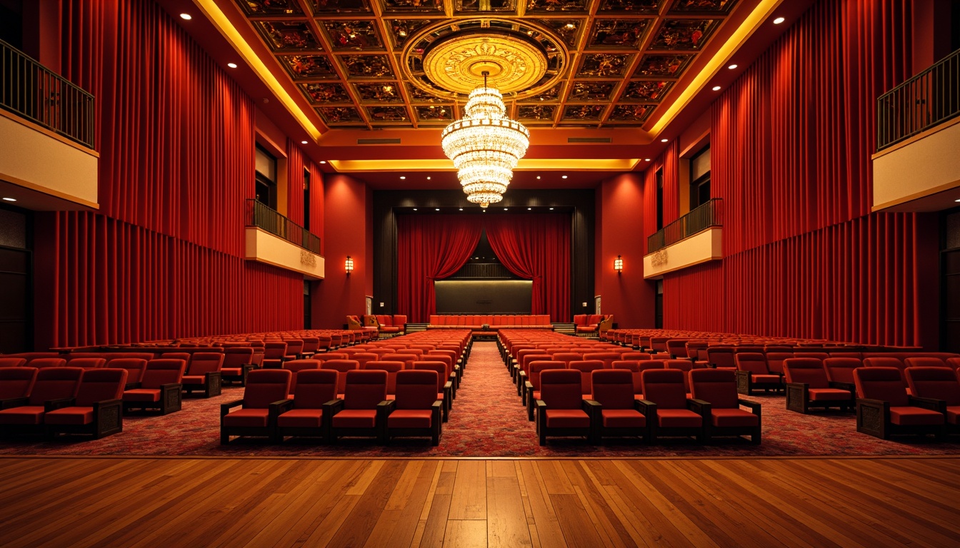 Prompt: Vibrant auditorium interior, rich velvet curtains, warm golden lighting, luxurious seating, polished wooden floors, bold red accent walls, sleek metal railings, grand chandelier, dramatic ceiling design, ornate architectural details, lavish drapery, intricate carpet patterns, soft cushioned chairs, intimate stage setting, dynamic color contrasts, high-contrast lighting, cinematic atmosphere, 3/4 composition, shallow depth of field, realistic textures, ambient occlusion.