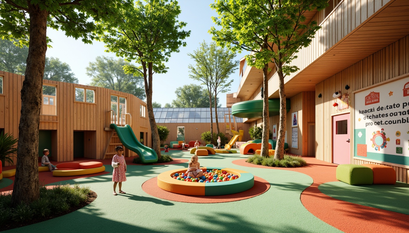 Prompt: Vibrant kindergarten playground, whimsical treehouses, winding slides, rope climbing walls, colorful ball pits, soft foam blocks, interactive sensory panels, educational murals, natural wood accents, oversized furniture, playful typography, bold primary colors, textured carpets, cozy reading nooks, circular windows, transparent roofs, dappled shade, warm morning light, shallow depth of field, 1/1 composition, intimate framing, stylized illustrations, inviting textures.