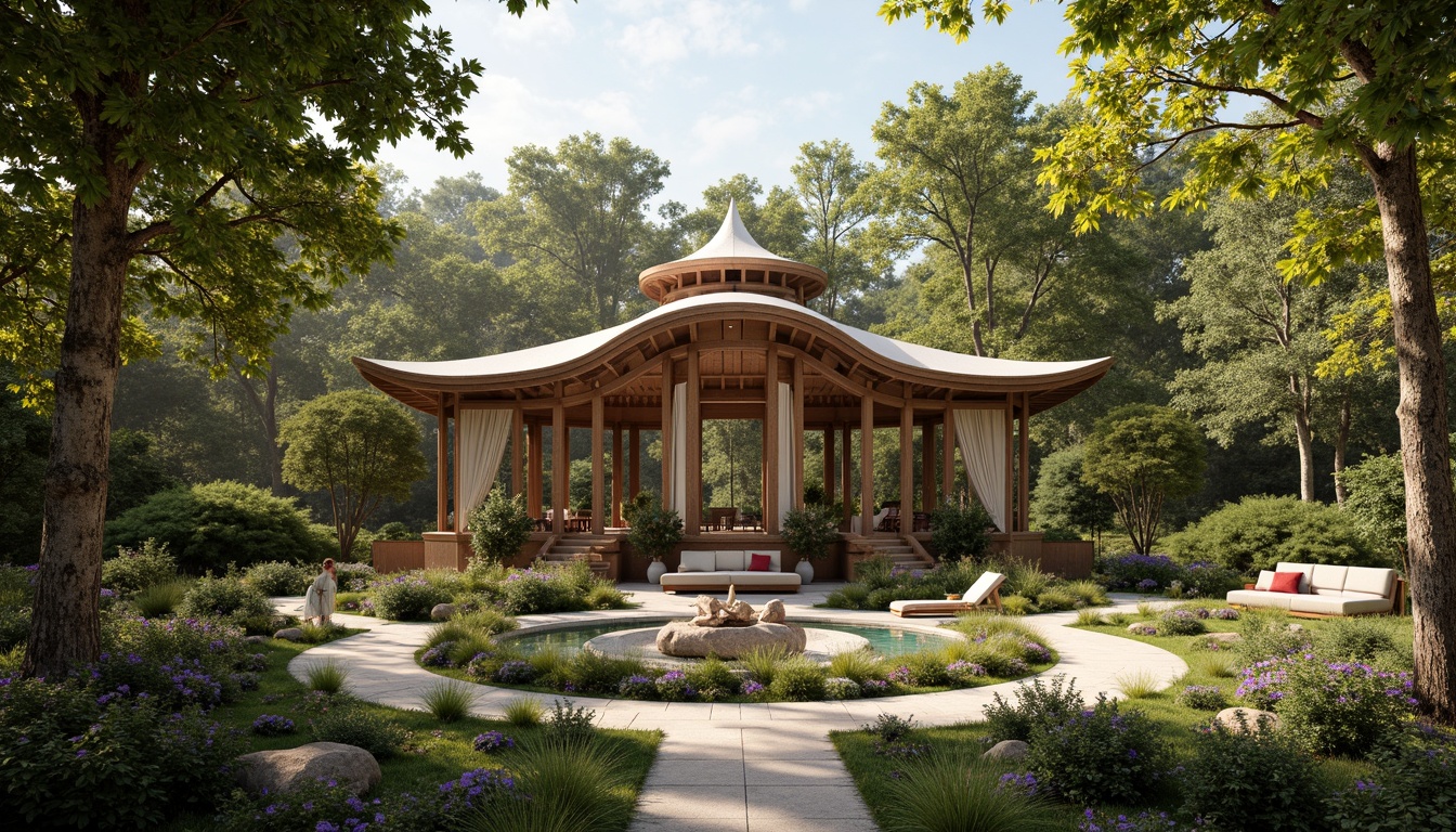 Prompt: Elegant pavilion, curved lines, organic forms, fluid shapes, Art Nouveau style, ornate details, intricate patterns, natural materials, wood accents, botanical motifs, floral patterns, greenery surroundings, serene atmosphere, soft warm lighting, shallow depth of field, 3/4 composition, panoramic view, realistic textures, ambient occlusion.