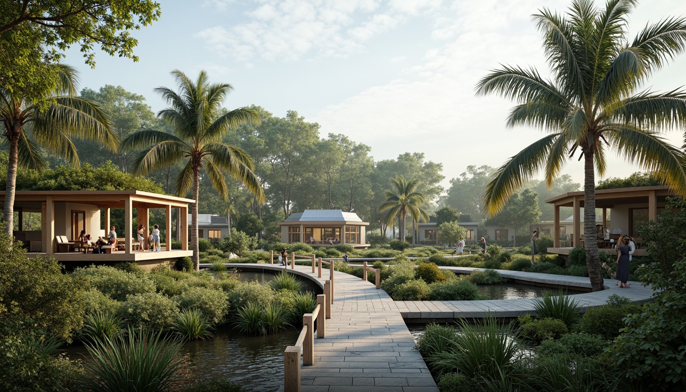 Prompt: Eco-friendly wetland center, lush vegetation, mangrove forests, tranquil waterways, winding boardwalks, observation decks, educational signage, natural stone pathways, curved wooden bridges, modern sustainable architecture, large windows, solar panels, green roofs, living walls, native bird species, soft misty lighting, shallow depth of field, 3/4 composition, panoramic view, realistic textures, ambient occlusion.