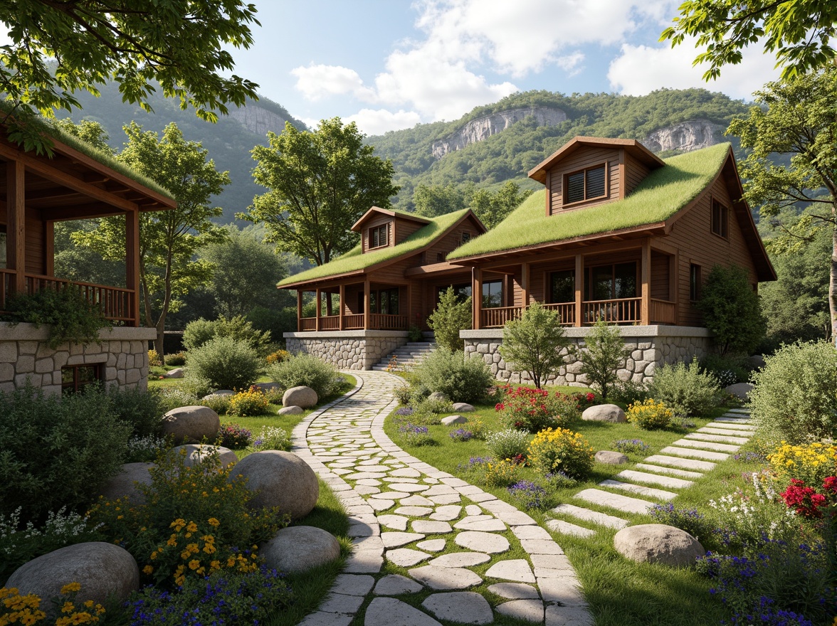 Prompt: Rustic vernacular buildings, natural stone foundations, earthy tone facades, lush green roofs, overflowing gardens, meandering pathways, wooden accents, curved lines, organic forms, blending with surroundings, seamless transitions, native plant species, seasonal flower blooms, warm sunny days, soft diffused lighting, 1/2 composition, intimate scale, cozy atmospheres, tactile textures, earthy aromas.