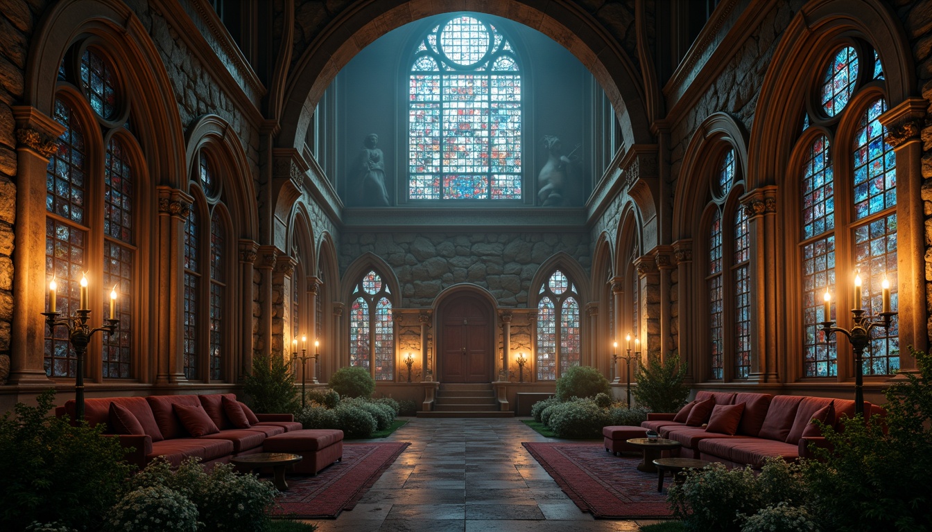 Prompt: \Rustic stone fa\u00e7ade, ornate Gothic arches, richly colored stained glass windows, intricate wooden carvings, velvety dark greenery, mystical foggy atmosphere, warm candlelight illumination, dramatic chiaroscuro lighting, 1/1 composition, symmetrical balance, soft focus blur, dreamy ethereal ambiance, luxurious velvet drapes, antique furniture pieces, mysterious labyrinthine corridors, grandiose high ceilings, ornamental frescoes, subtle color gradations, evocative misty background.\Let me know if you need any adjustments!