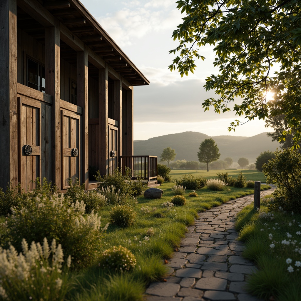 Prompt: Rustic barn, neoclassical facade, symmetrical columns, weathered wood textures, lush green meadow, wildflowers, rolling hills, serene countryside, misty morning, warm golden lighting, soft focus effect, 1/2 composition, intimate atmosphere, natural stone pathways, ornate metal gates, distressed wooden doors, vintage agricultural tools, blooming gardens, tranquil water features, shallow depth of field.