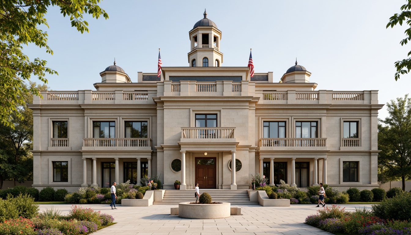 Prompt: Majestic courthouse, neoclassical architecture, symmetrical fa\u00e7ade, grand entrance, ornate columns, elegant arches, subtle color harmony, muted earth tones, beige stone walls, ivory marble floors, rich wood accents, bronze metalwork, stately clock tower, vibrant American flags, lush greenery, blooming flowers, warm sunny day, soft natural lighting, shallow depth of field, 2/3 composition, realistic textures, ambient occlusion.