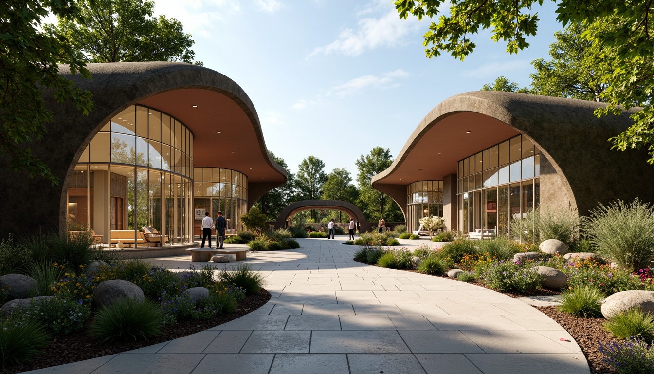 Prompt: Curved tram station, flowing organic shapes, iridescent glass facade, undulating roofline, fluidic architecture, natural stone walls, earthy tones, moss-covered surfaces, futuristic lighting systems, soft ambient glow, shallow depth of field, 1/1 composition, realistic textures, ambient occlusion, vibrant greenery, blooming flowers, warm sunny day, gentle breeze, comfortable seating areas, minimalist signage.