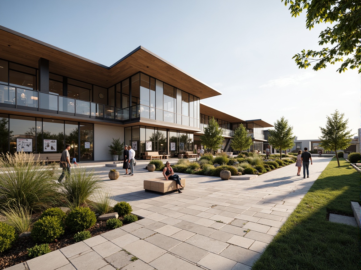 Prompt: Modern visitor center, sleek glass facade, cantilevered rooflines, open floor plan, interactive exhibits, multimedia displays, informative signage, natural stone flooring, reclaimed wood accents, abundant natural light, high ceilings, minimal decor, functional furniture, flexible seating areas, accessible ramps, efficient circulation paths, intuitive wayfinding, panoramic views, exterior plaza, native landscaping, educational gardens, sustainable building materials, rainwater harvesting systems, energy-efficient lighting, soft warm ambiance, shallow depth of field, 3/4 composition, realistic textures.