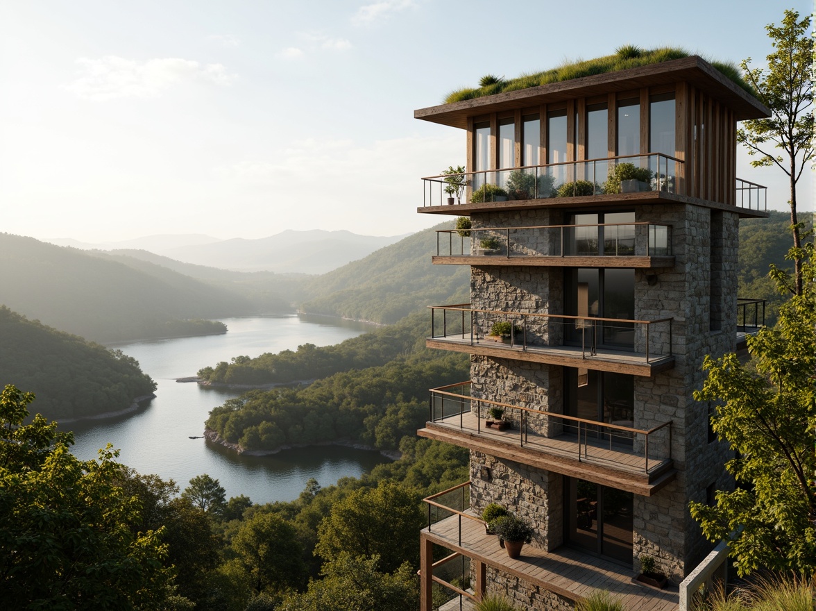 Prompt: Watching tower, rustic stone walls, wooden accents, green roof, blending with surroundings, natural landscape integration, rolling hills, lush forests, serene lakeside, misty morning, warm sunlight, soft shadows, 3/4 composition, atmospheric perspective, realistic textures, ambient occlusion, subtle color palette, earthy tones, organic forms, curved lines, minimalist details, observation decks, panoramic views, binoculars, telescopes, outdoor furniture, weathered wood, natural materials, eco-friendly design.