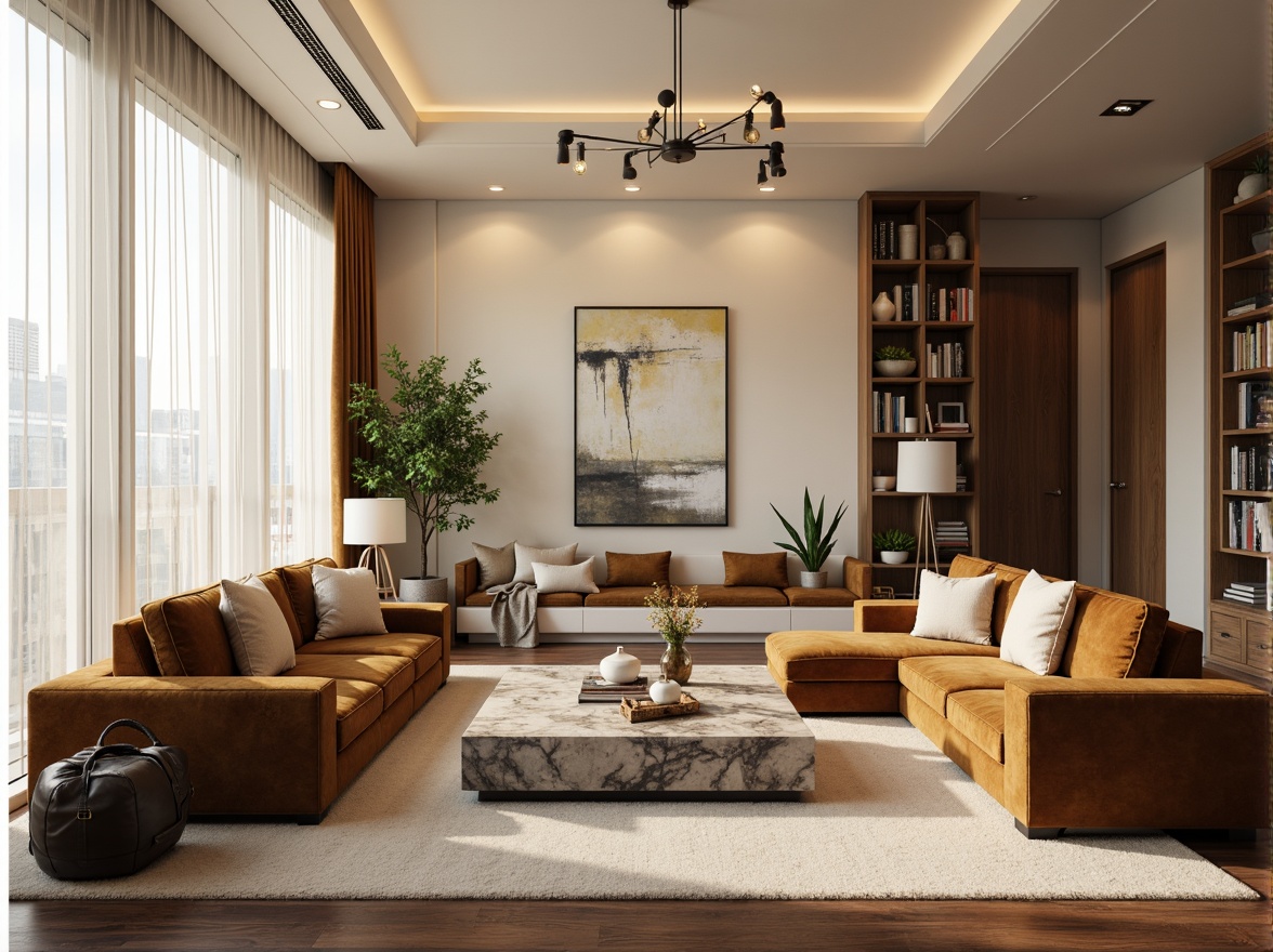 Prompt: Elegant living room, luxurious furniture, velvet sofa, marble coffee table, floor-to-ceiling windows, sheer curtains, minimal ornamentation, soft warm lighting, rich wood flooring, creamy wall colors, abstract artwork, modern chandelier, comfortable reading nook, plush area rug, functional shelving units, 1/1 composition, realistic textures, ambient occlusion.