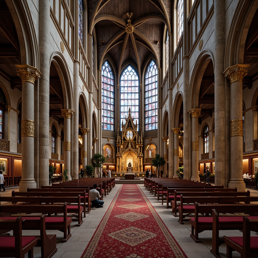 Prompt: Intricate stone carvings, ornate wooden paneling, rich velvet fabrics, golden metal accents, stained glass windows, majestic arches, grand domes, sacred symbols, mystical patterns, ancient artifacts, reverent atmosphere, soft warm lighting, subtle shadows, 1/1 composition, realistic textures, ambient occlusion.