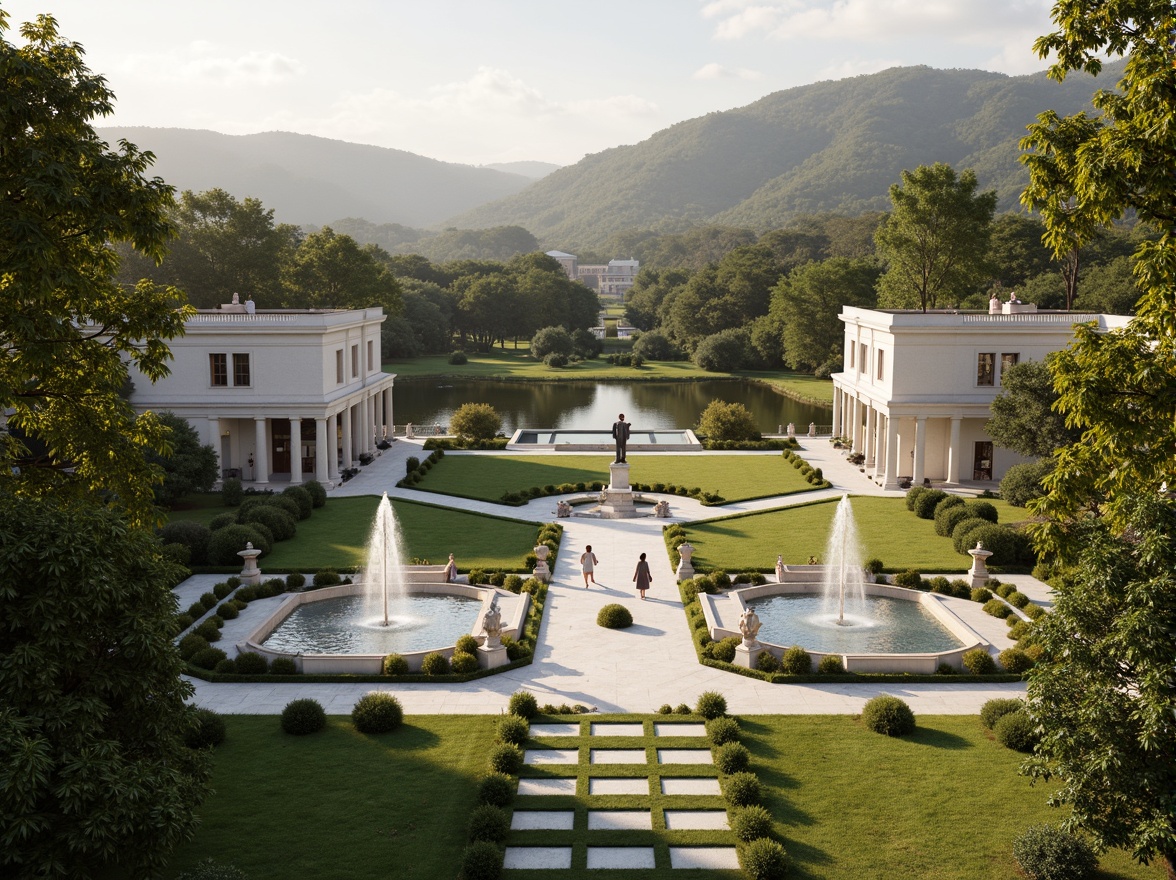 Prompt: Elegant estate, rolling hills, serene lake, lush greenery, ornate fountains, walking paths, statues, classical columns, symmetrical facades, grand entrance, marble floors, crystal chandeliers, soft warm lighting, shallow depth of field, 3/4 composition, panoramic view, realistic textures, ambient occlusion, neoclassical architecture, harmonious landscape integration, subtle color palette, refined ornamentation.