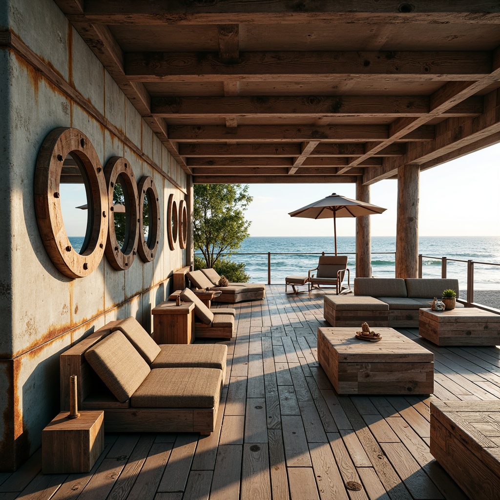 Prompt: Weathered wooden planks, rusty metal accents, sea-salt-eroded concrete walls, ocean-inspired color palette, beachy vibes, driftwood furniture, nautical rope details, porthole windows, curved lines, beachfront location, sunny day, soft warm lighting, shallow depth of field, 3/4 composition, panoramic view, realistic textures, ambient occlusion.