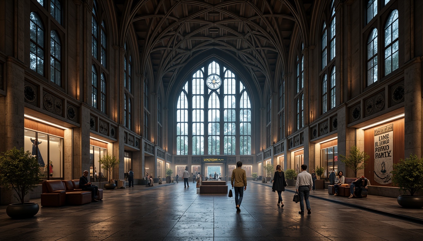 Prompt: Gothic-inspired bus station, ornate stone carvings, pointed arches, ribbed vaults, stained glass windows, grand entrance halls, intricate tracery patterns, modern LED lighting, sleek metallic accents, weathered copper cladding, dark granite flooring, mystical ambiance, foggy misty atmosphere, dramatic spotlights, high contrast ratio, 1/1 composition, symmetrical framing, eerie shadows, cinematic mood.