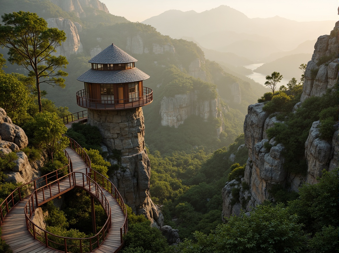 Prompt: Panoramic watchtower, rugged mountainous terrain, lush green forests, winding stone staircases, wooden observation decks, rustic metal railings, natural rock formations, scenic lookout points, misty atmospheric effects, warm golden lighting, shallow depth of field, 3/4 composition, symmetrical architecture, earthy color palette, sustainable building materials, blending into surroundings, organic curved lines, seamless integration with nature.