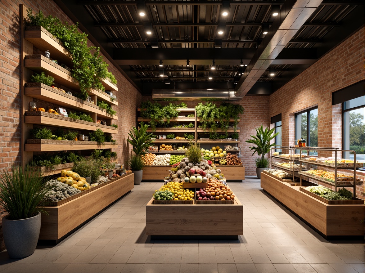 Prompt: Warm wooden shelves, natural stone flooring, exposed brick walls, industrial metal beams, reclaimed wood accents, earthy color palette, abundant greenery, vibrant produce displays, modern refrigeration units, sleek glass shelves, stainless steel countertops, ambient soft lighting, shallow depth of field, 3/4 composition, realistic textures, ambient occlusion.